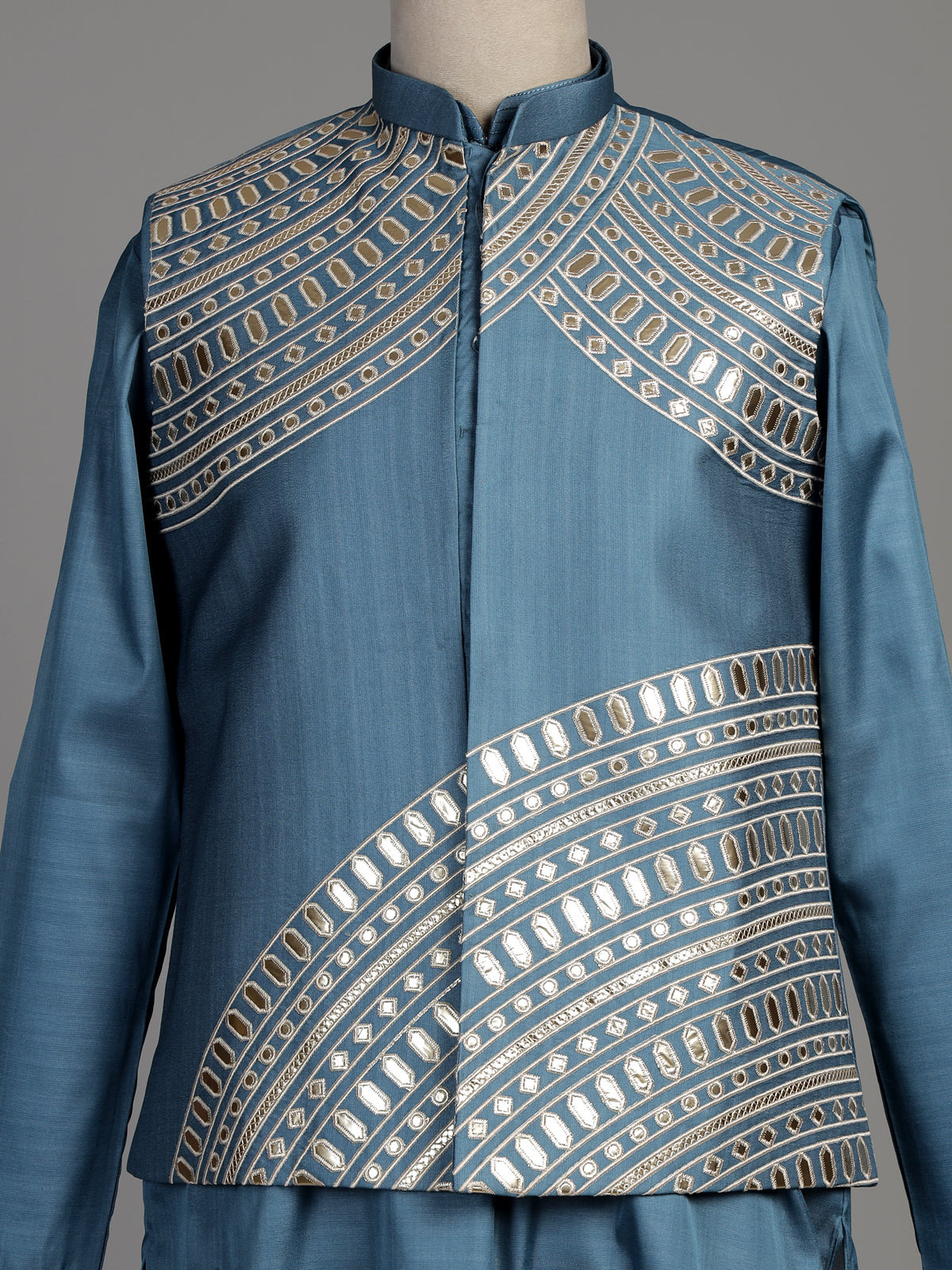 Slate blue tussar silk waistcoat suit with silver aabla embroidery for mens