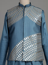 Slate blue tussar silk waistcoat suit with silver aabla embroidery for mens