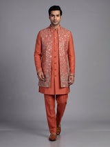 Coral peach matka silk waistcoat suit with silver architectural embroidery for mens
