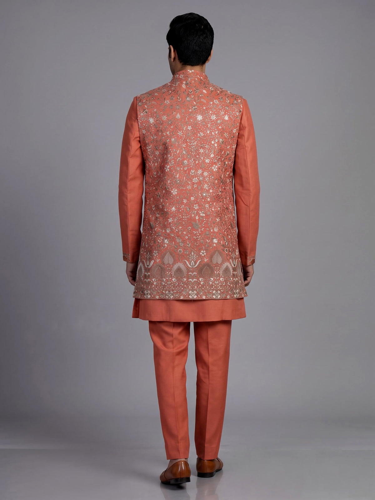 Coral peach matka silk waistcoat suit with silver architectural embroidery for mens