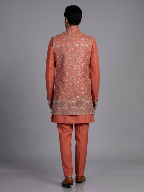 Coral peach matka silk waistcoat suit with silver architectural embroidery for mens