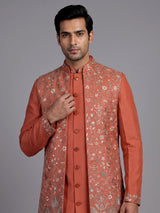 Coral peach matka silk waistcoat suit with silver architectural embroidery for mens