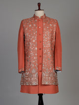 Coral peach matka silk waistcoat suit with silver architectural embroidery for mens
