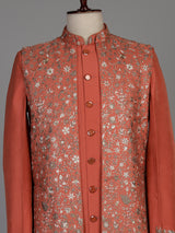 Coral peach matka silk waistcoat suit with silver architectural embroidery for mens