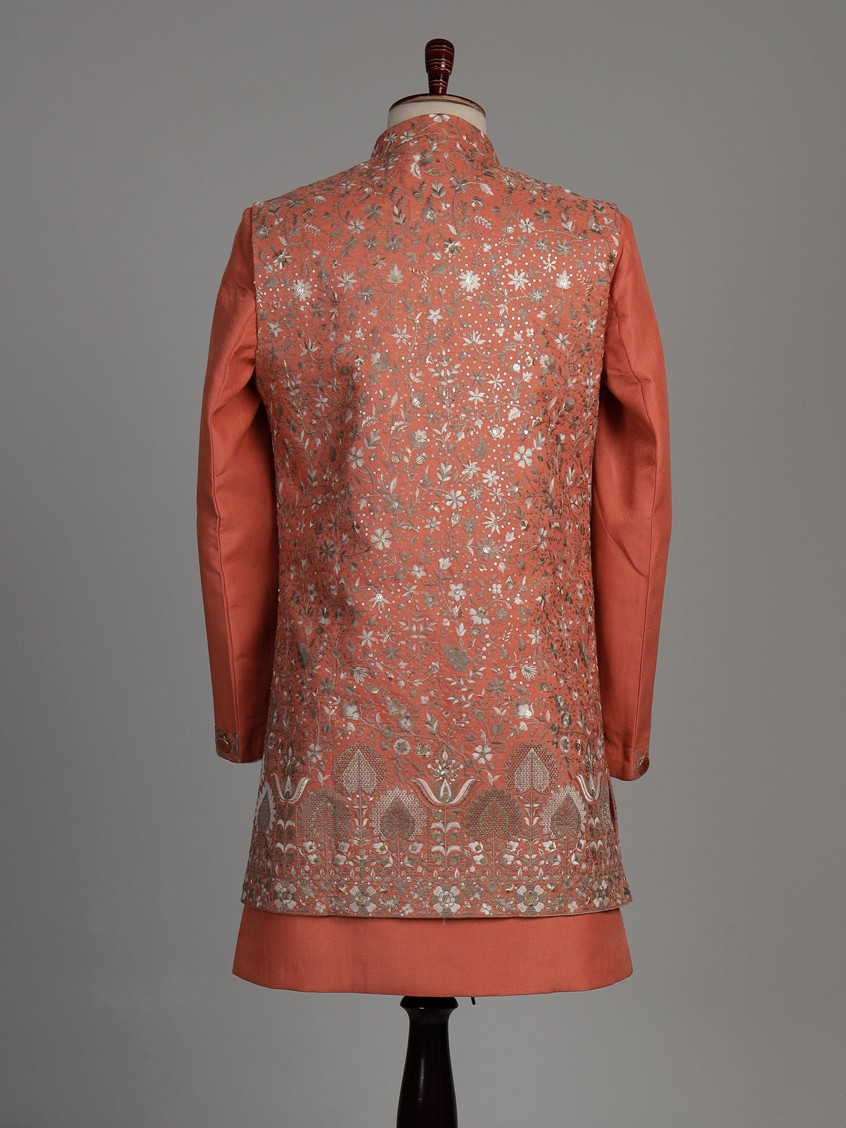 Coral peach matka silk waistcoat suit with silver architectural embroidery for mens