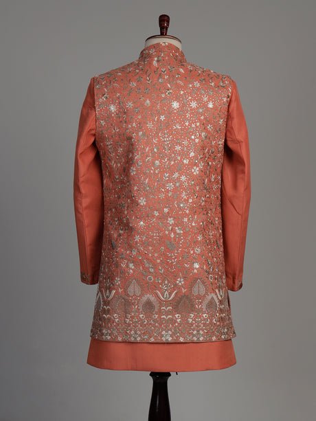 Coral peach matka silk waistcoat suit with silver architectural embroidery for mens