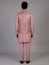 Blush pink textured dupion silk waistcoat suit with intricate embroidery for mens