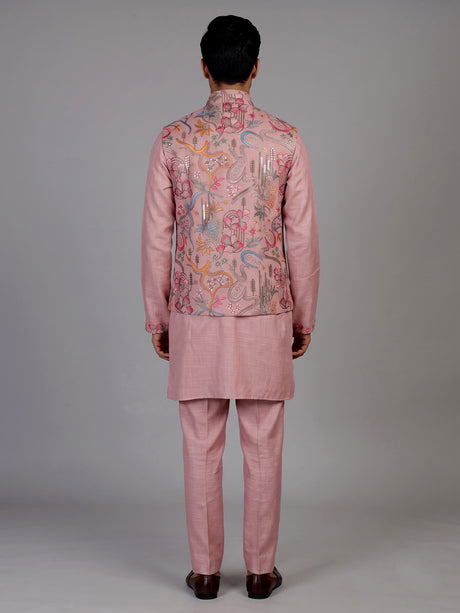 Blush pink textured dupion silk waistcoat suit with intricate embroidery for mens
