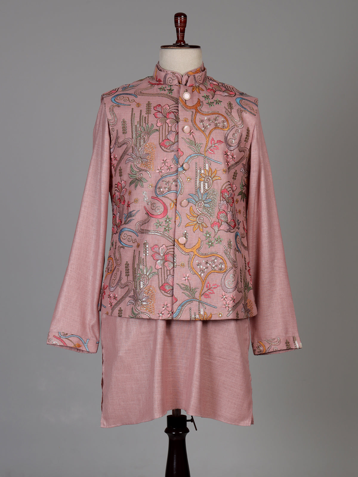Blush pink textured dupion silk waistcoat suit with intricate embroidery for mens