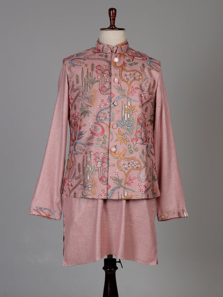 Blush pink textured dupion silk waistcoat suit with intricate embroidery for mens