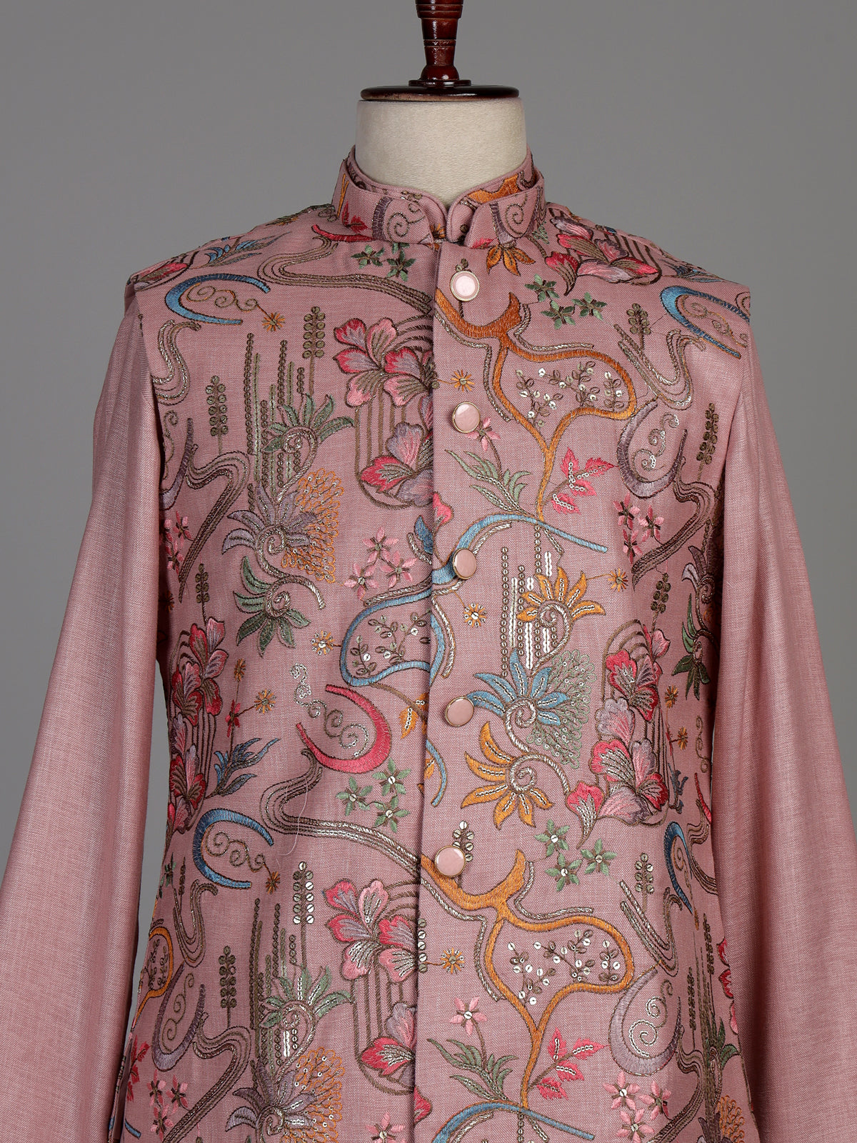 Blush pink textured dupion silk waistcoat suit with intricate embroidery for mens