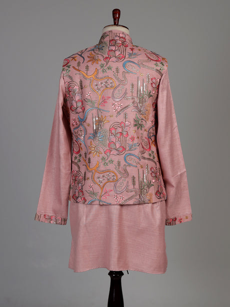 Blush pink textured dupion silk waistcoat suit with intricate embroidery for mens