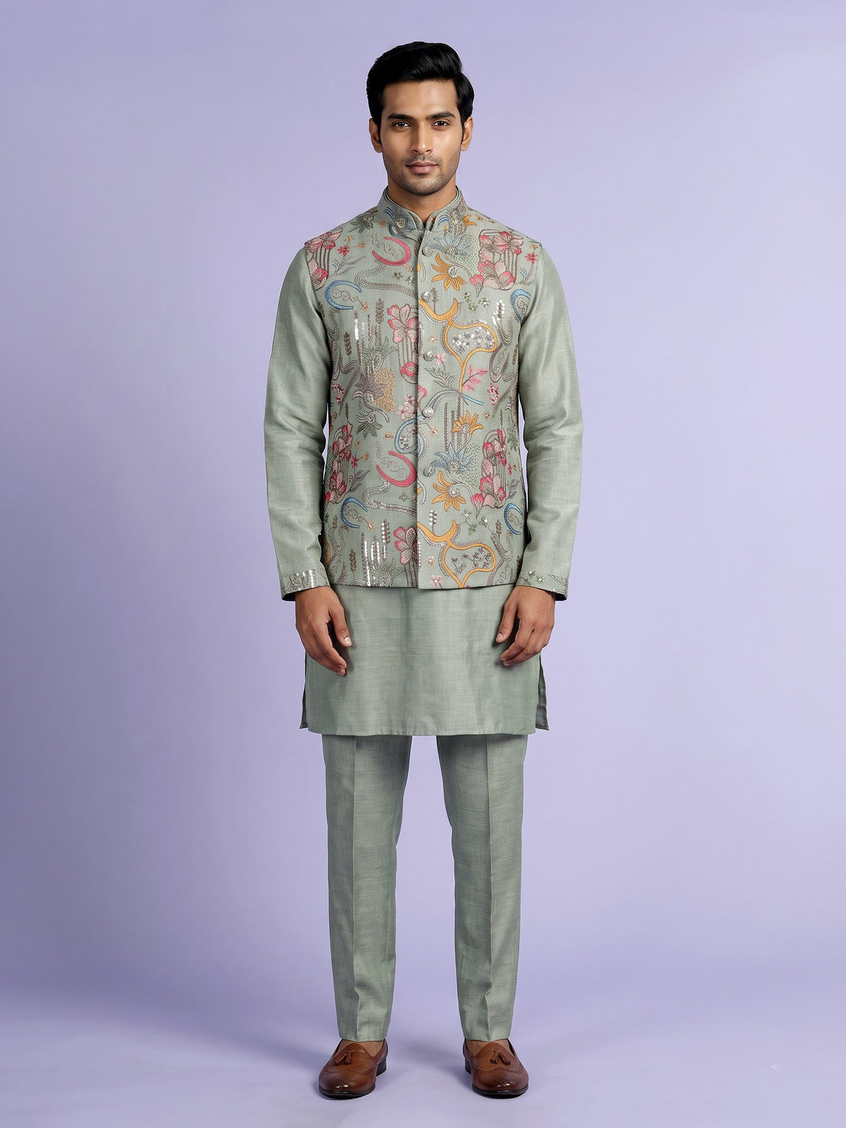 Pistachio green textured dupion silk waistcoat suit with embroidery for mens