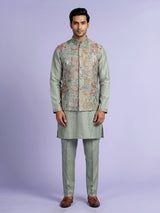Pistachio green textured dupion silk waistcoat suit with embroidery for mens