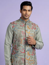 Pistachio green textured dupion silk waistcoat suit with embroidery for mens