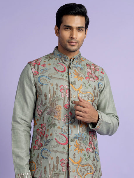 Pistachio green textured dupion silk waistcoat suit with embroidery for mens