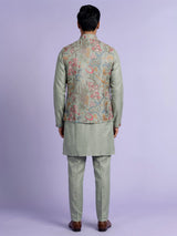 Pistachio green textured dupion silk waistcoat suit with embroidery for mens