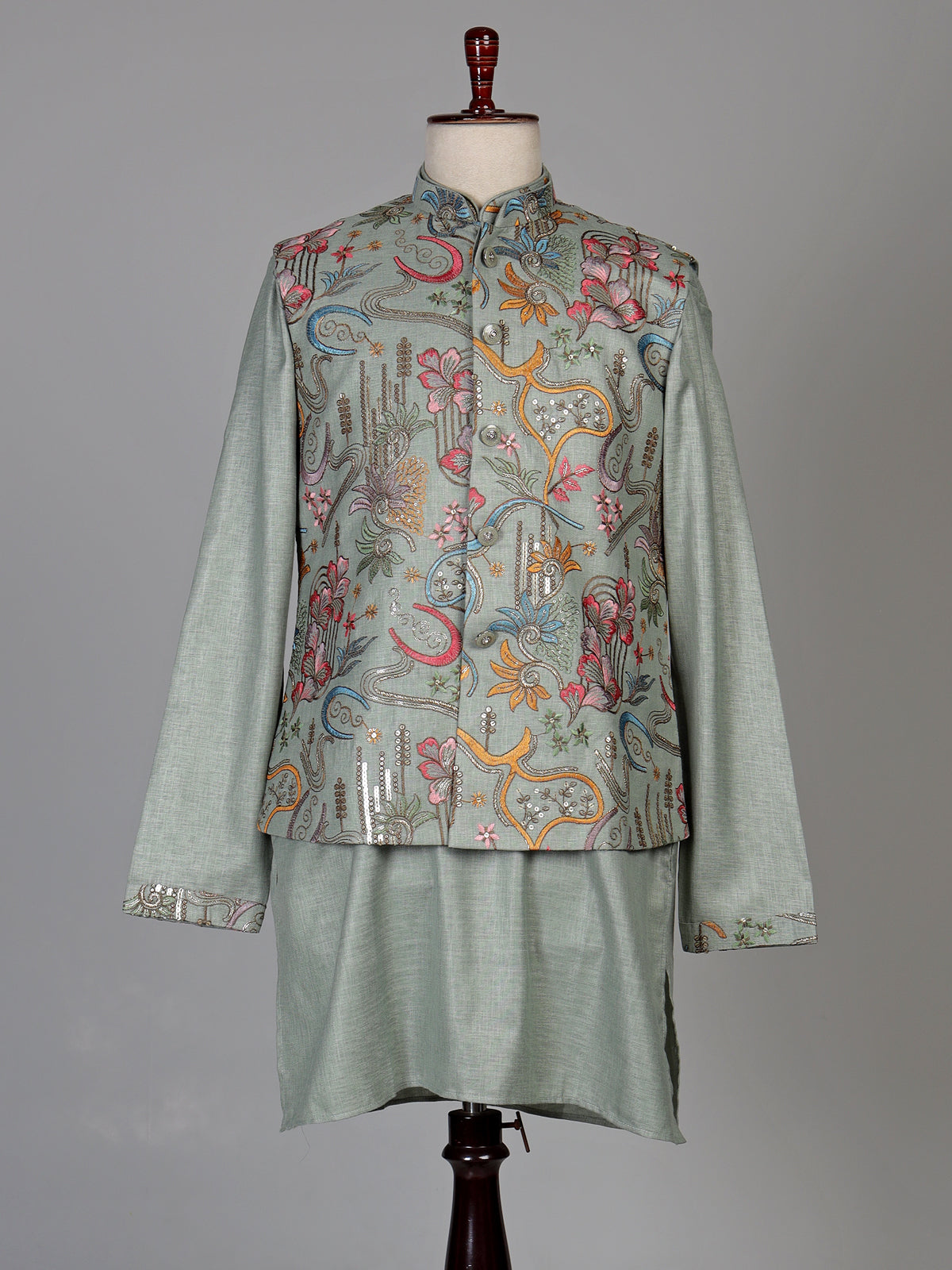 Pistachio green textured dupion silk waistcoat suit with embroidery for mens