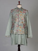 Pistachio green textured dupion silk waistcoat suit with embroidery for mens