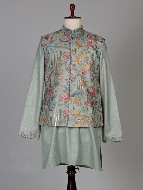 Pistachio green textured dupion silk waistcoat suit with embroidery for mens