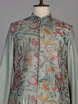 Pistachio green textured dupion silk waistcoat suit with embroidery for mens