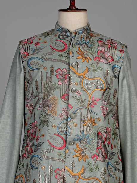 Pistachio green textured dupion silk waistcoat suit with embroidery for mens