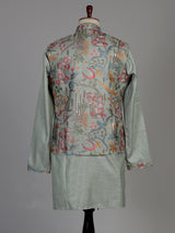 Pistachio green textured dupion silk waistcoat suit with embroidery for mens