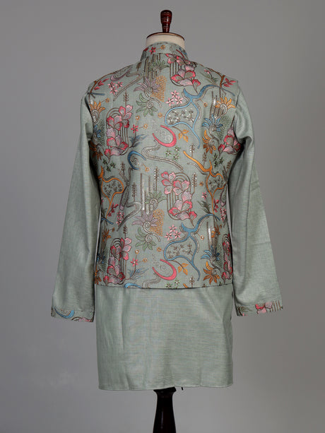 Pistachio green textured dupion silk waistcoat suit with embroidery for mens