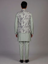 Pista green jacquard silk waistcoat suit with paisley sequins for mens