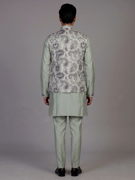 Pista green jacquard silk waistcoat suit with paisley sequins for mens