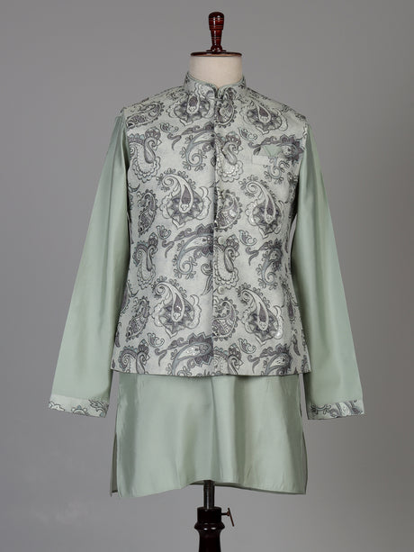 Pista green jacquard silk waistcoat suit with paisley sequins for mens