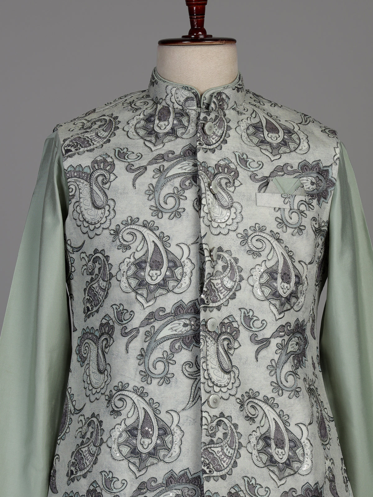 Pista green jacquard silk waistcoat suit with paisley sequins for mens
