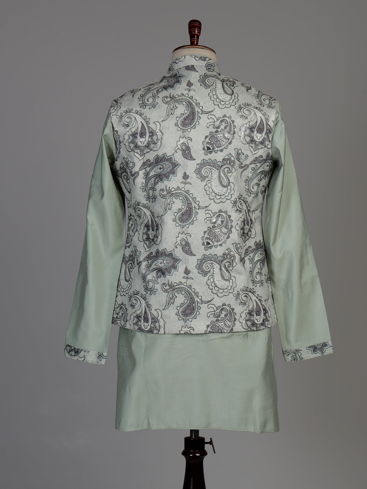 Pista green jacquard silk waistcoat suit with paisley sequins for mens