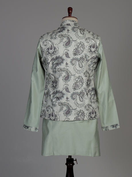 Pista green jacquard silk waistcoat suit with paisley sequins for mens