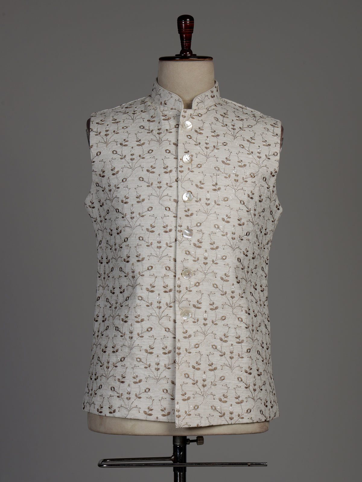 Off-white cotton silk waistcoat with elegant embroidered detailing for mens