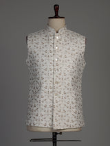Off-white cotton silk waistcoat with elegant embroidered detailing for mens