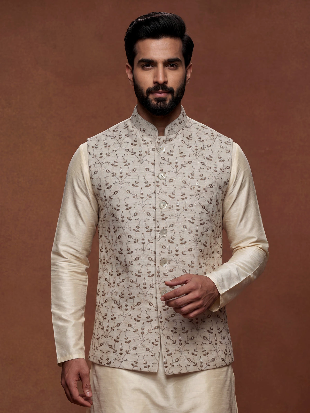 Off-white cotton silk waistcoat with elegant embroidered detailing for mens