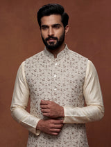 Off-white cotton silk waistcoat with elegant embroidered detailing for mens