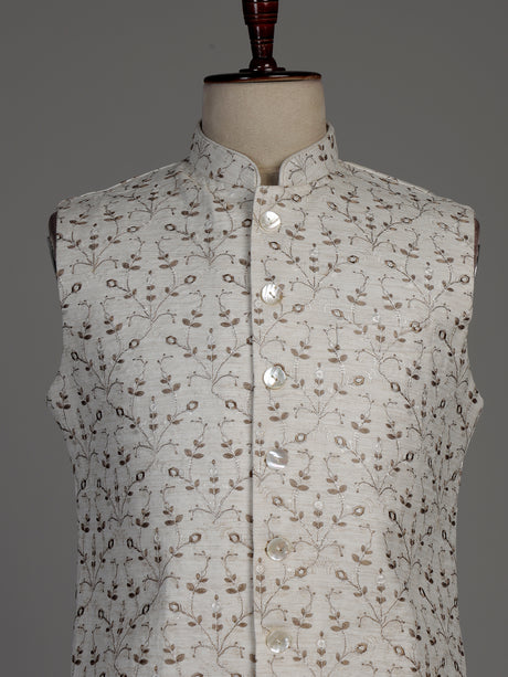 Off-white cotton silk waistcoat with elegant embroidered detailing for mens
