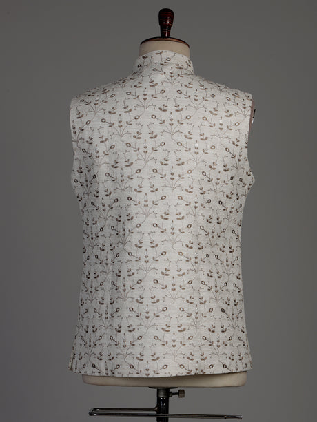 Off-white cotton silk waistcoat with elegant embroidered detailing for mens
