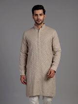 Beige cotton chinese collar kurta with elegant textured for mens