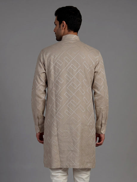 Beige cotton chinese collar kurta with elegant textured for mens