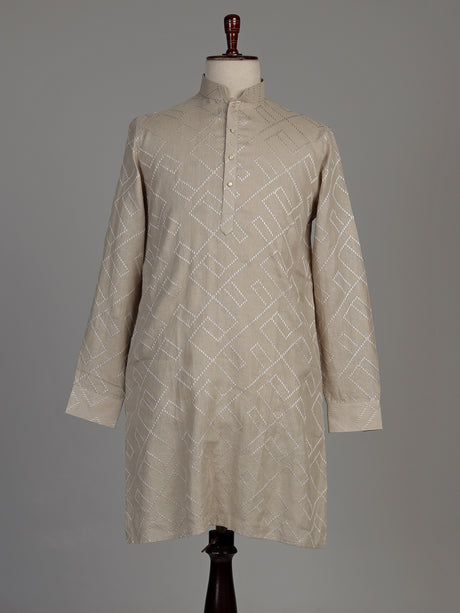 Beige cotton chinese collar kurta with elegant textured for mens