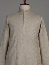 Beige cotton chinese collar kurta with elegant textured for mens