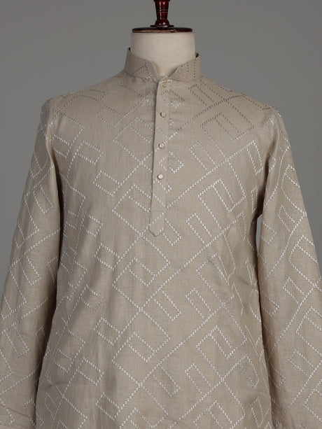 Beige cotton chinese collar kurta with elegant textured for mens