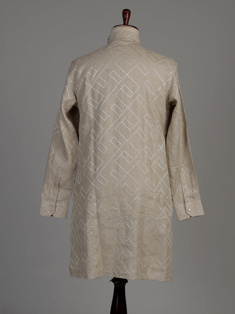 Beige cotton chinese collar kurta with elegant textured for mens