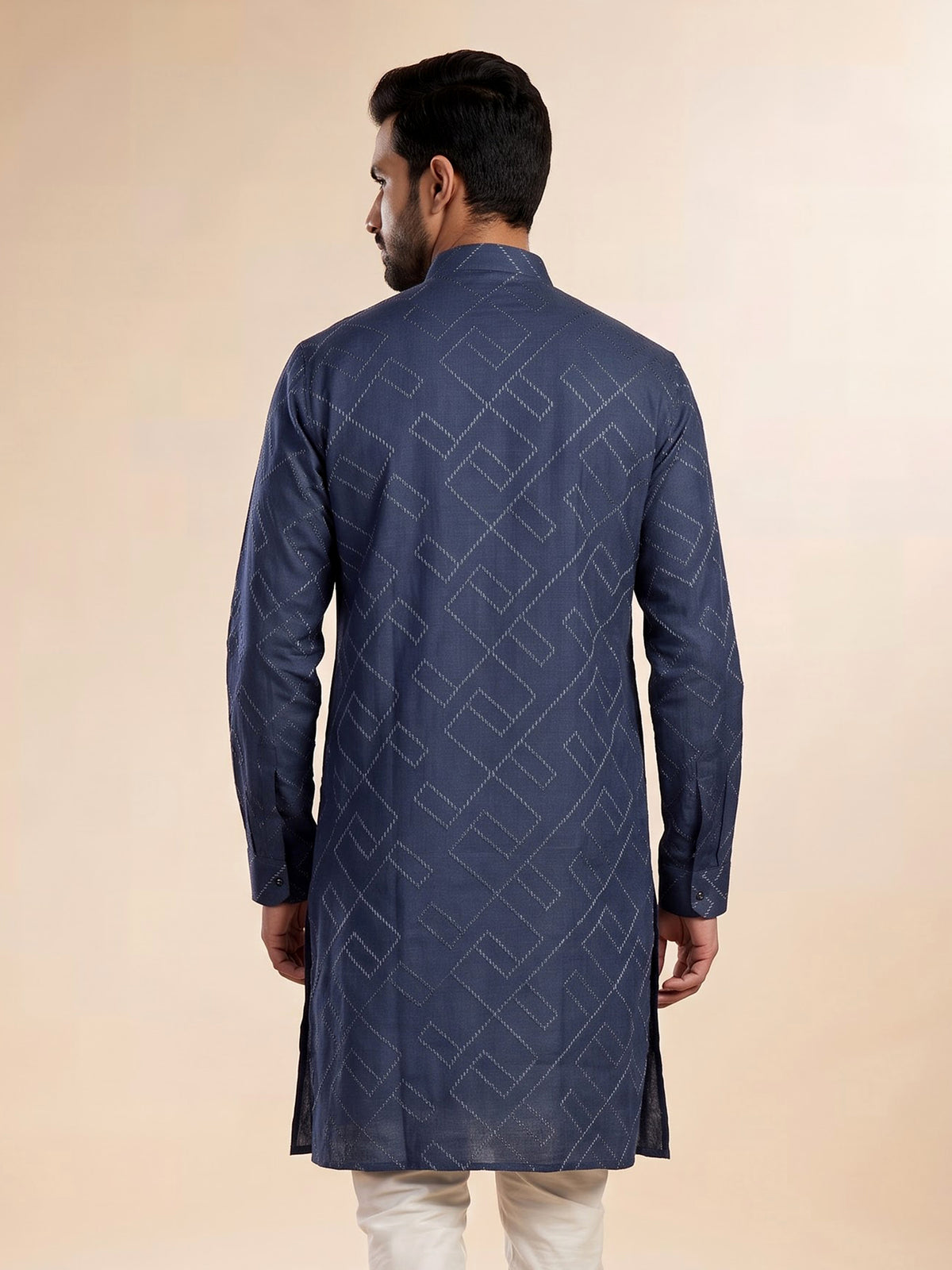Classic blue cotton chinese collar kurta for mens