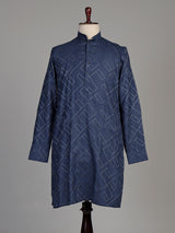 Classic blue cotton chinese collar kurta for mens