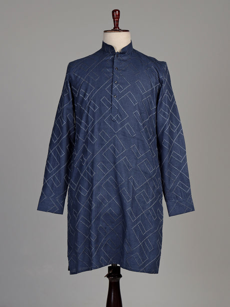 Classic blue cotton chinese collar kurta for mens