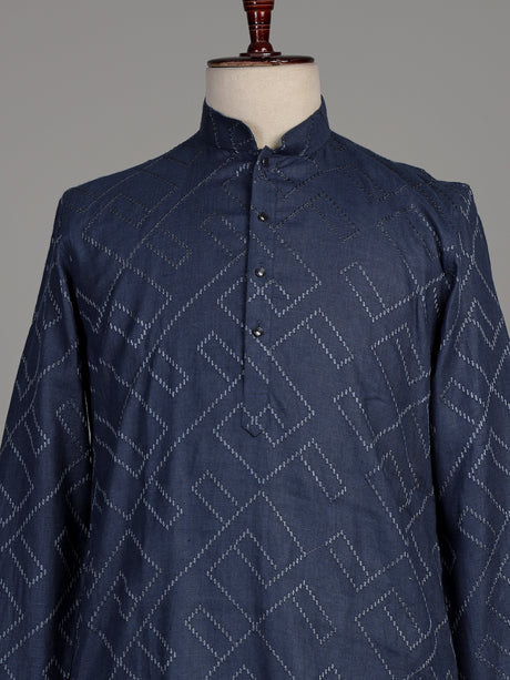 Classic blue cotton chinese collar kurta for mens